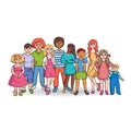 Vector colorful illustraion on the theme of children. Cartoon characters on white background. Multiracial kids standing in line